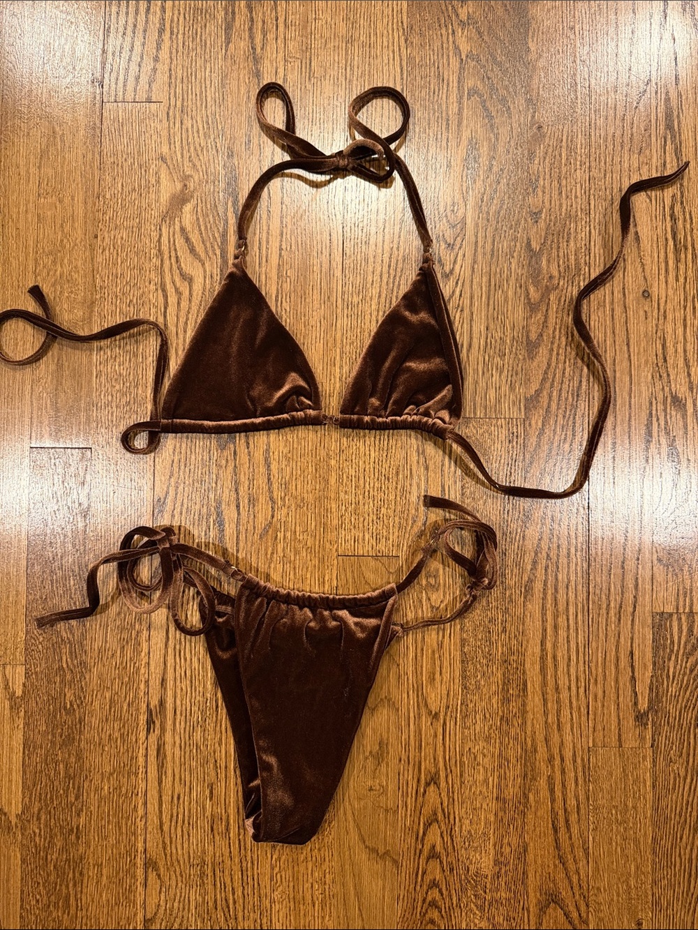 Chocolate Brown Velvet Tie-Side Triangle Bikini Set size large